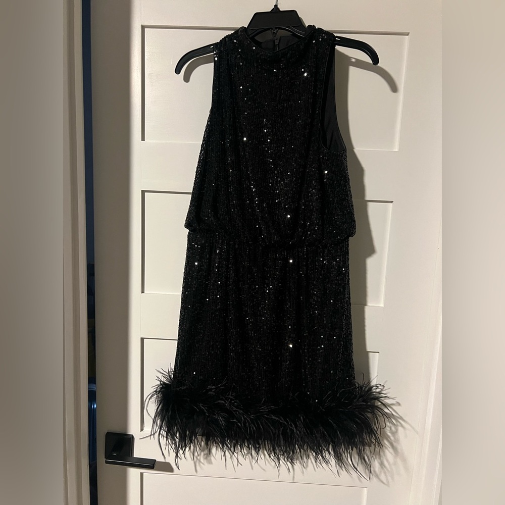 Eliza J Sequin faux fur dress